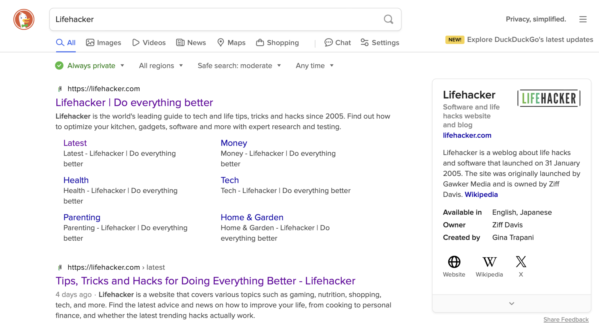 A DuckDuckGo search for the word "Lifehacker"