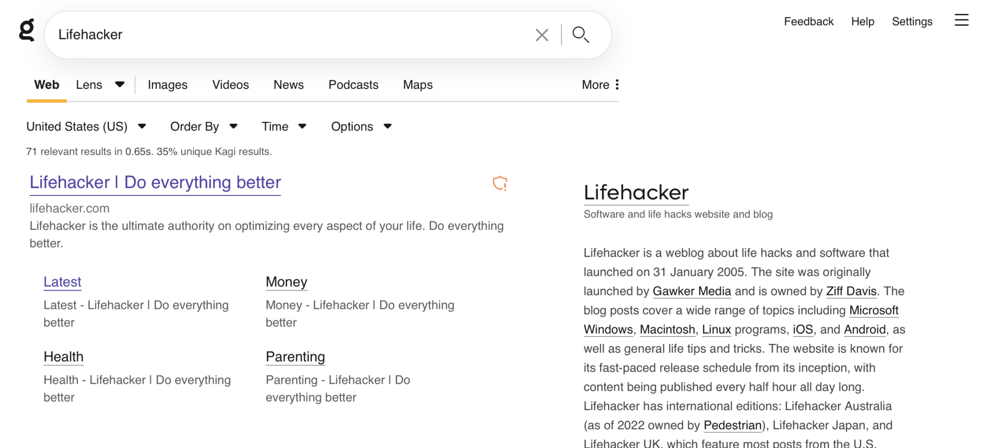 A Kagi search for the word "Lifehacker"