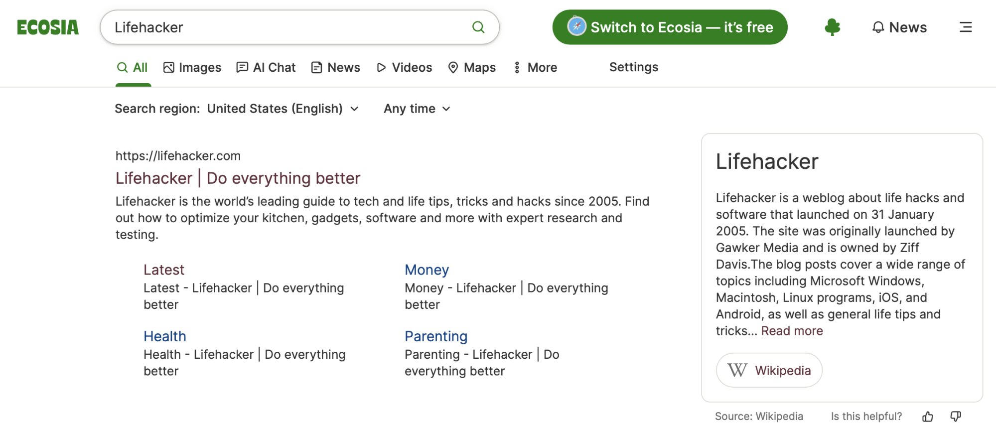 An Ecosia search for the word "Lifehacker"