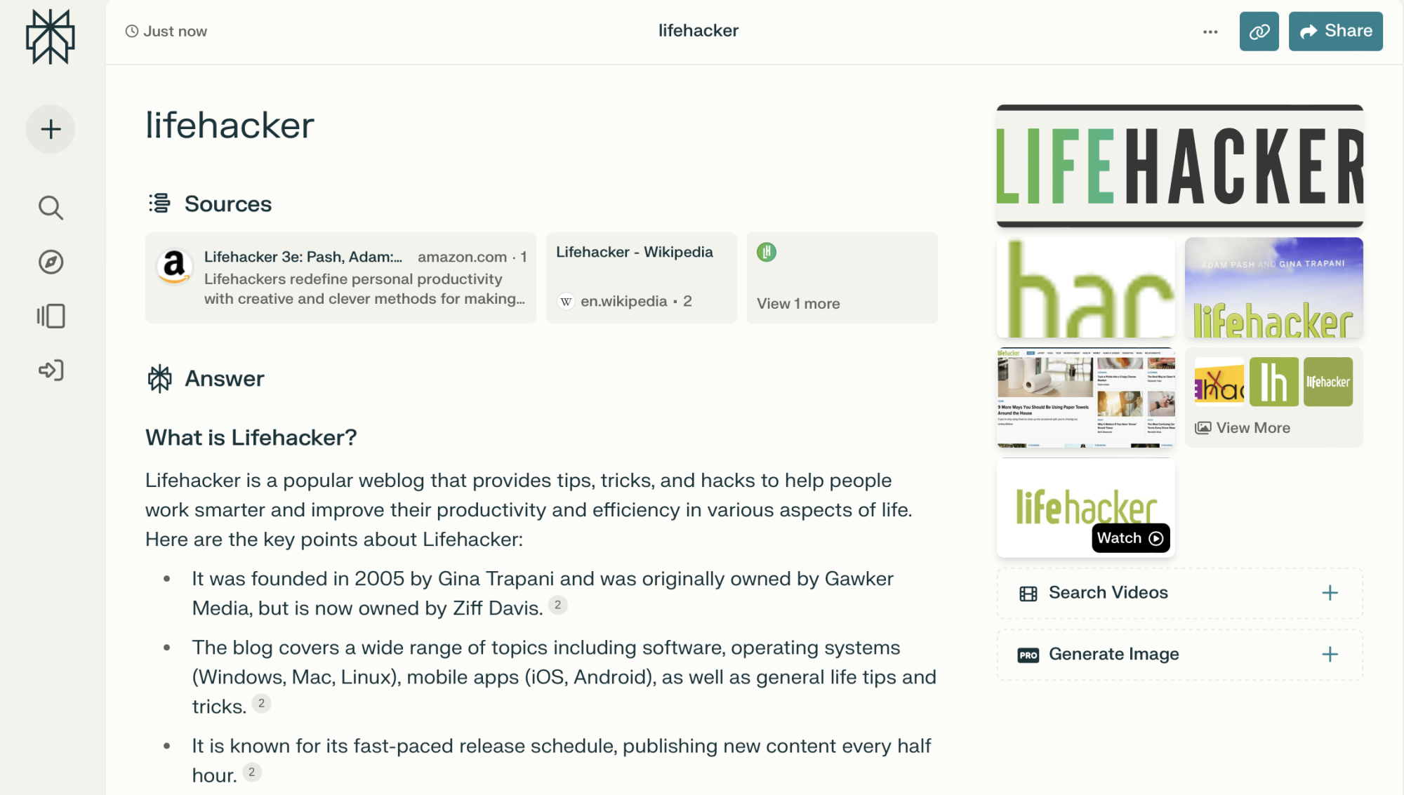 A Perplexity search for the word "Lifehacker"