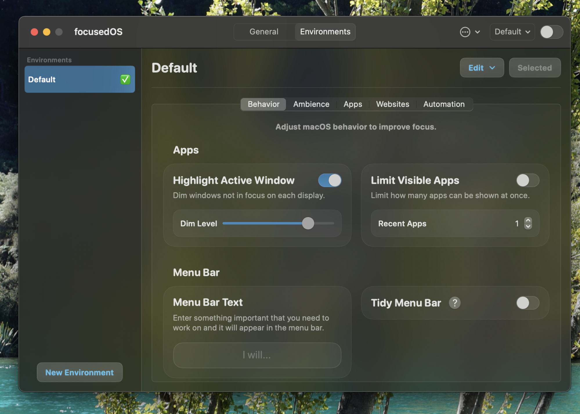 A screenshot of the "Behavior" tab, which offers settings for the Highlight active window, menu bar, and limit visible apps features.