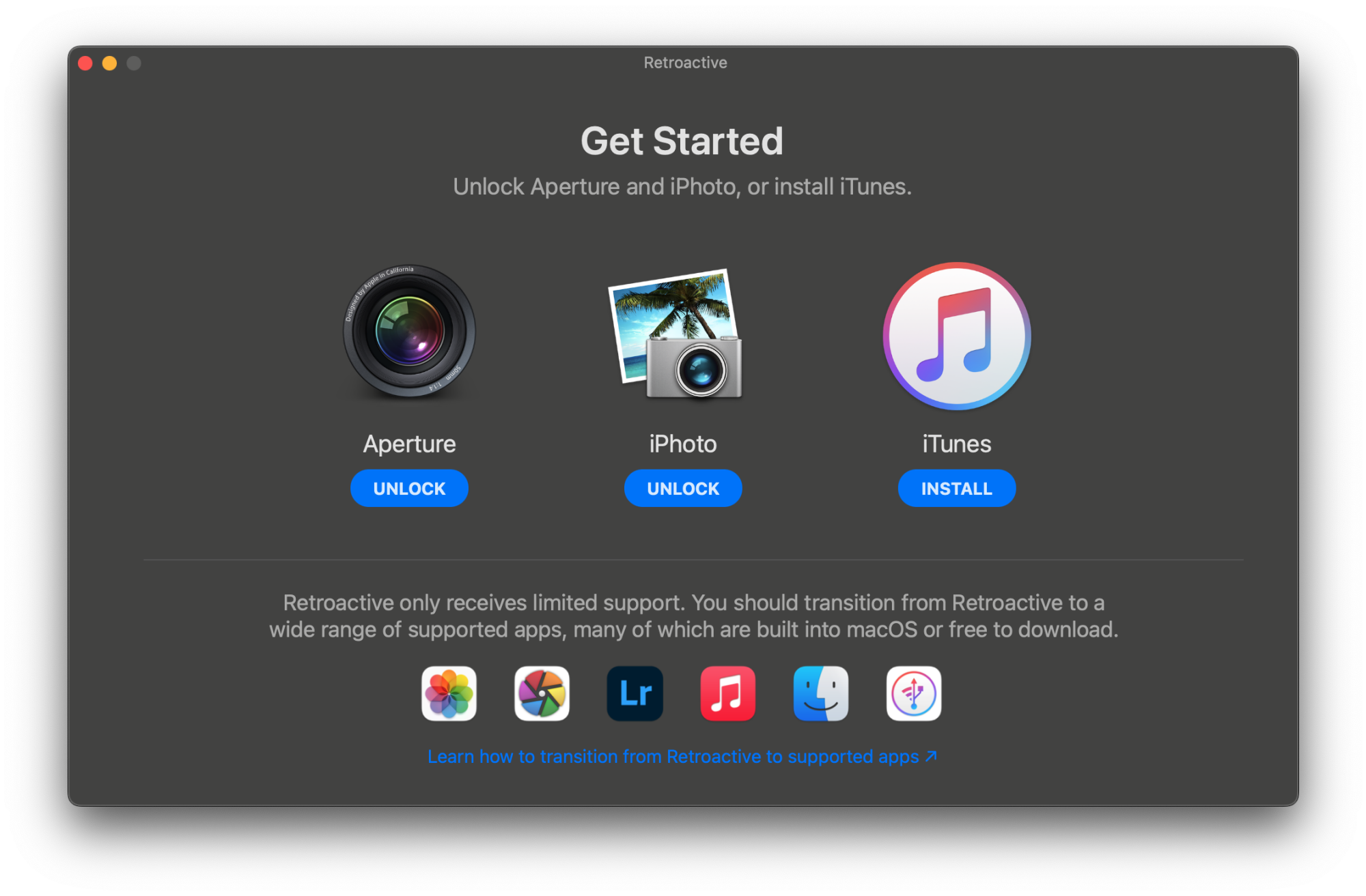 A screenshot of the Retroactive app on Mac, showing three options: Unlock Aperture, Unlock iPhoto, and Install iTunes.
