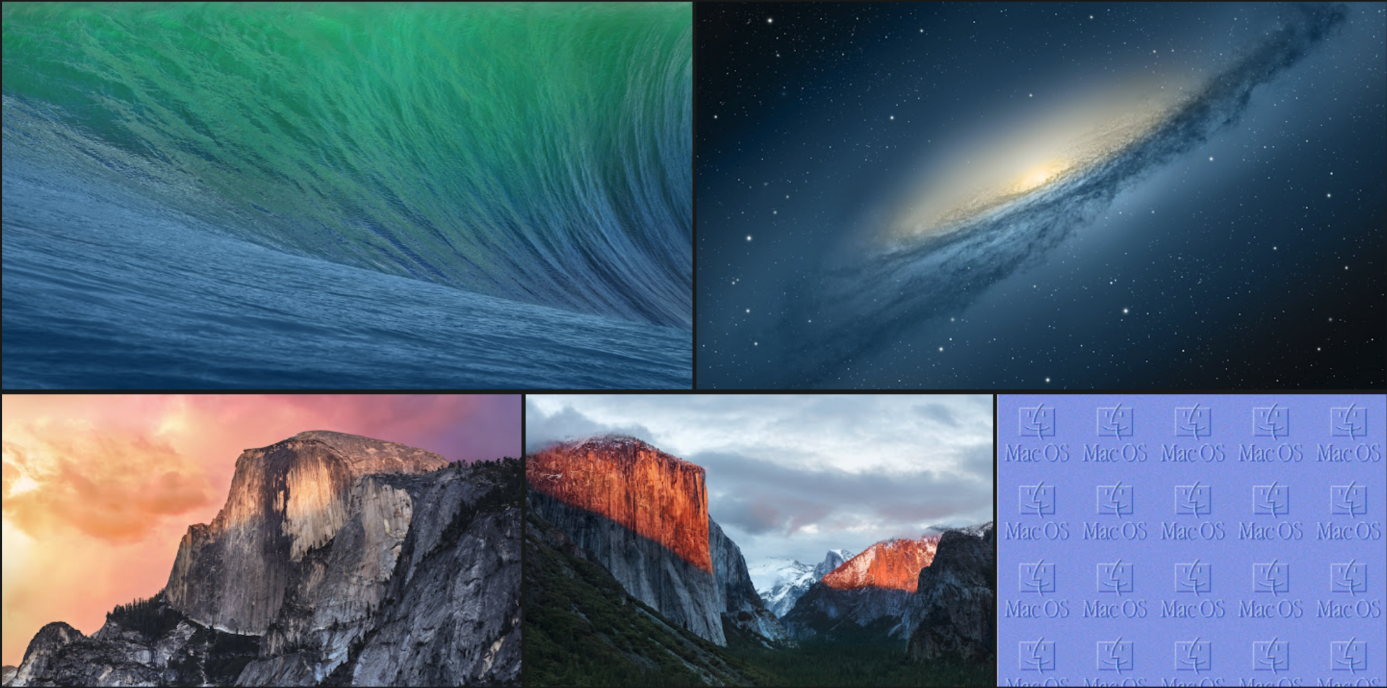 A screenshot of five wallpapers that shipped with older versions of Mac OS.