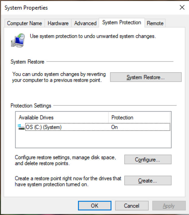 A screenshot showing how to create a System Restore Point in Windows 10.