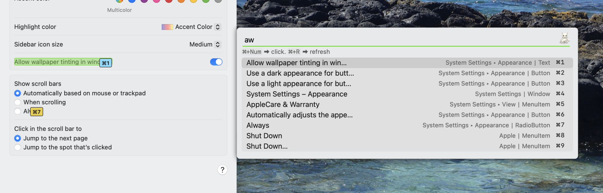 Searching for "AW" in Shortcat allows me to quickly click the "Allow wallpaper tinting" option in System Settings.