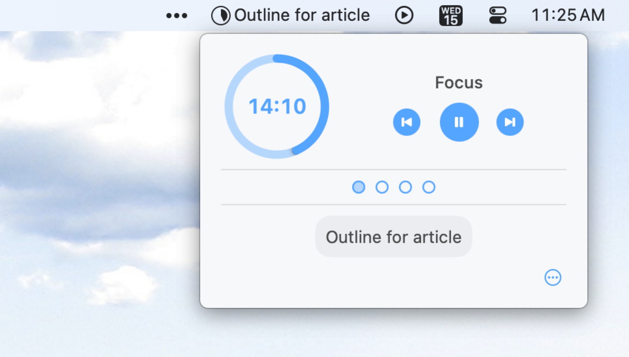 The menu bar icon for Focus Timer shows the current task. You can click it to see the timer.